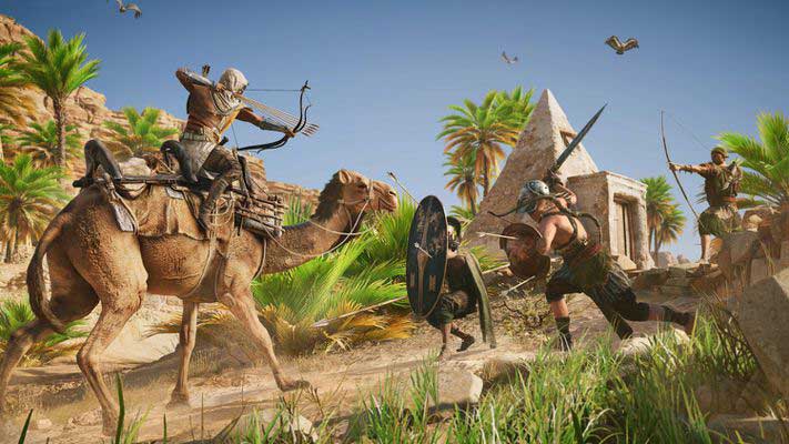 Bayek on a camel attacking a group of bandits