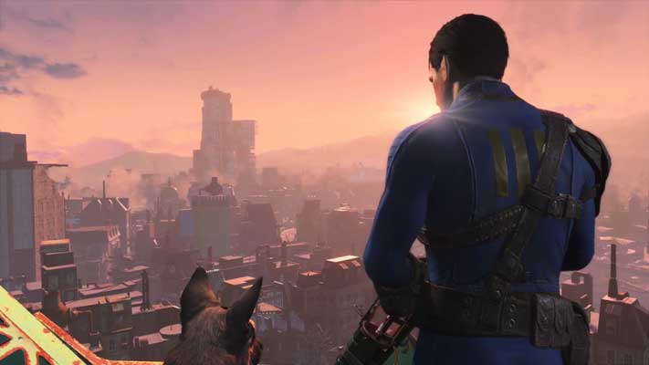 Fallout 4 character with a dog looking at the wasteland